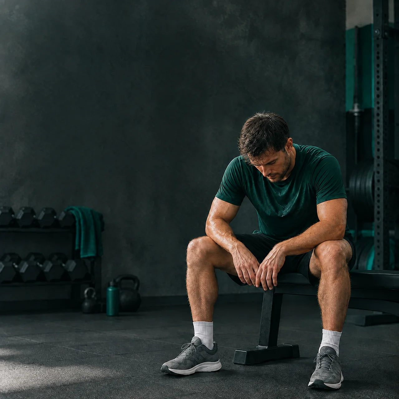 Man taking a breather on a gym bench
