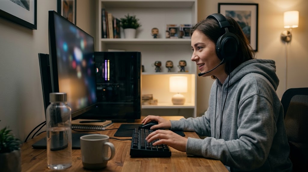 Gamer wearing a headset smiling and focused at her computer during a long gaming session